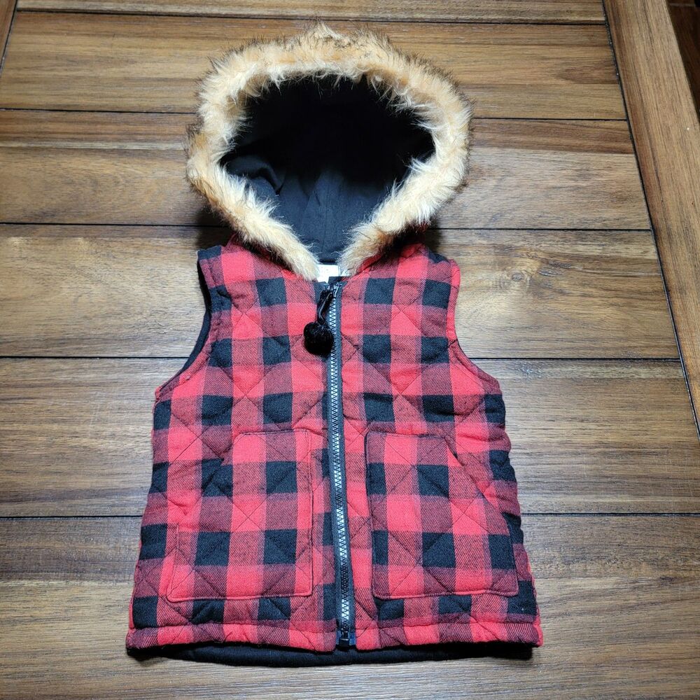 Mud Pie Red Flannel Puffer Vest w/ Faux Fur Lined Hood - Size Medium (2T-3T) NWT